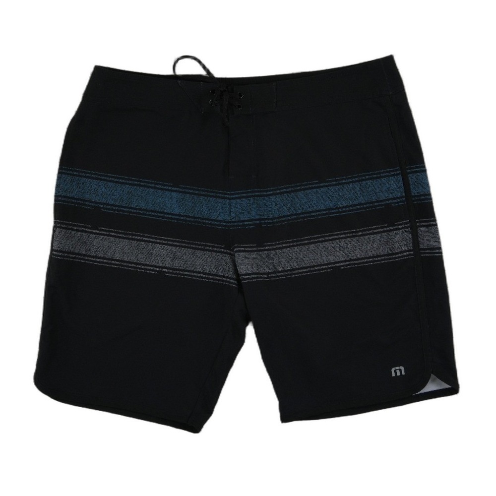 TravisMathew Swim Trunks Men's Size 36 Black Striped Board Shorts Performance